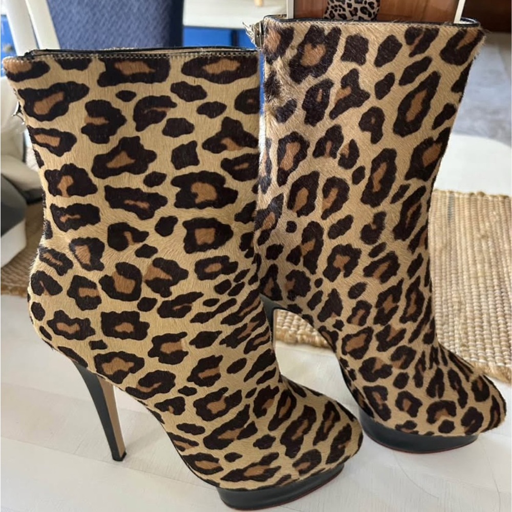 Charlotte Olympia Lucinda Leopard Print Pony Calf Hair Ankle Boots-EU 38